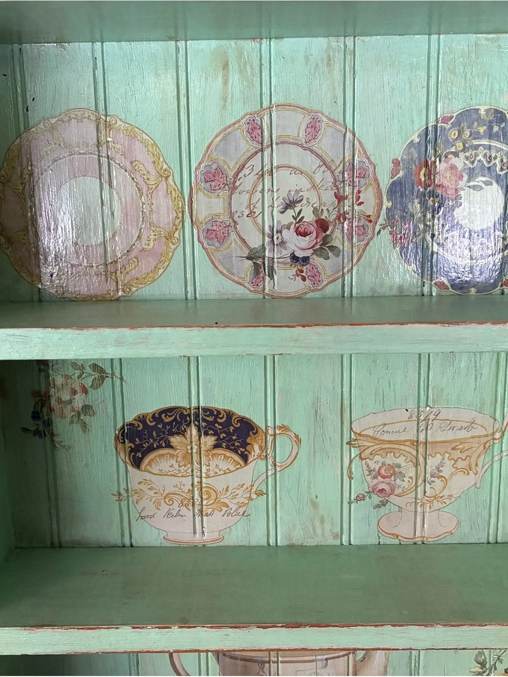 Mint Green Vintage-Style Wall Shelf with Teacup Decals